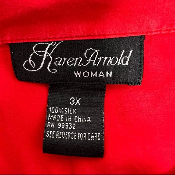 Karen Arnold Women Silk Holiday Red 3/4 Sleeve Button Down Blouse Plus Size 3X - Picture 8 of 12